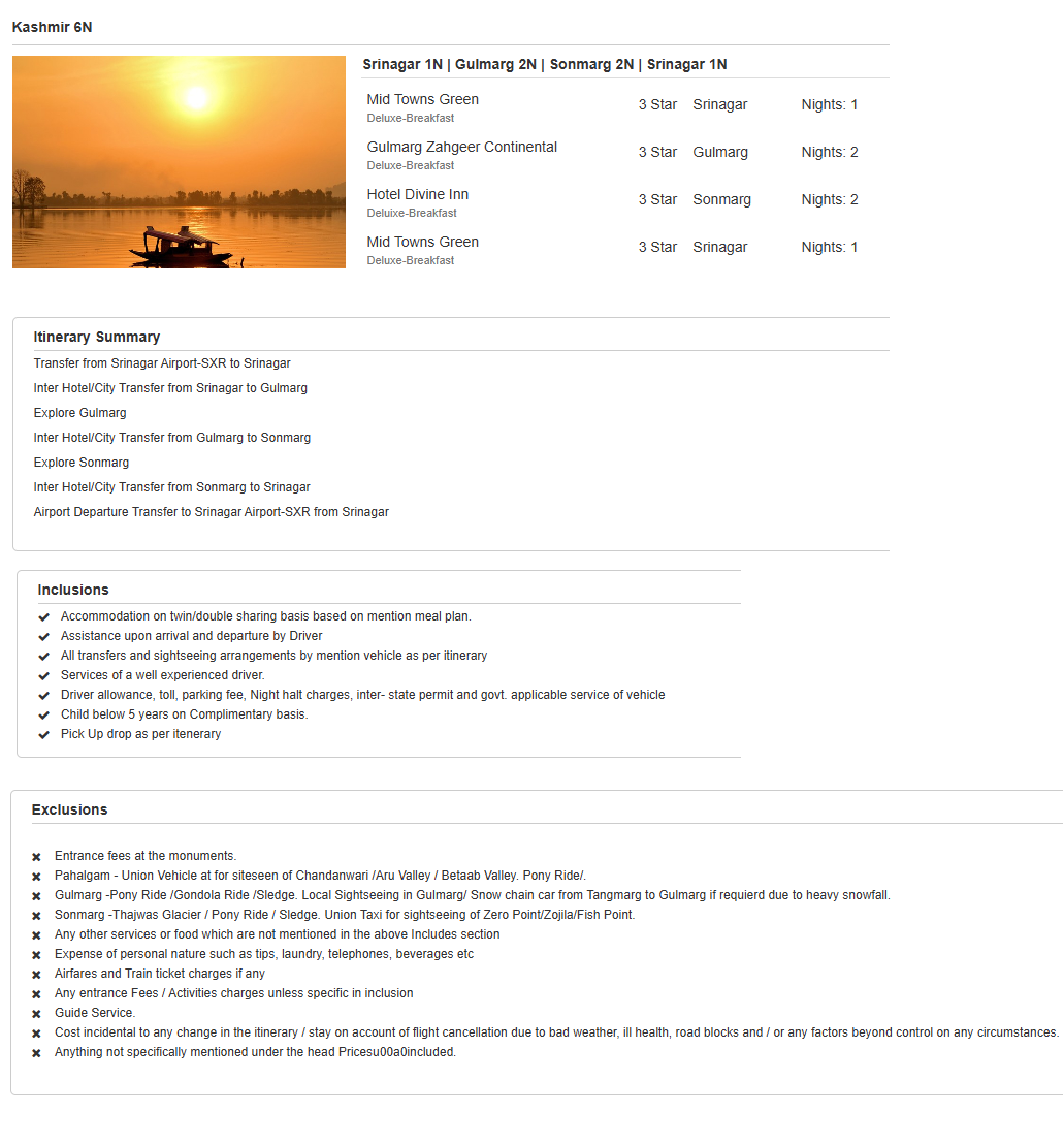 Kashmir 6 N 7 D – 6 Nights / 7 Days - RideNow Holidays