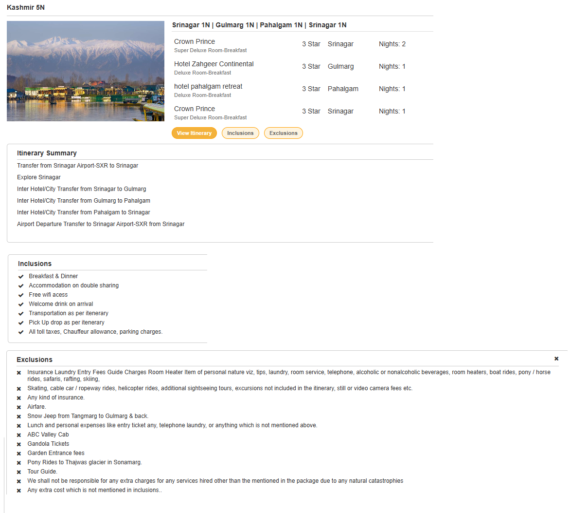 Kashmir 5 N 6 D – 5 Nights / 6 Days - RideNow Holidays