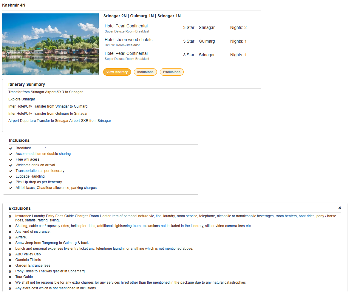 Kashmir 4N5D2 Adults , 1 Room with Breakfast , 3 Star Hotel with Transfers Kashmir Holiday Package - RideNow Holidays