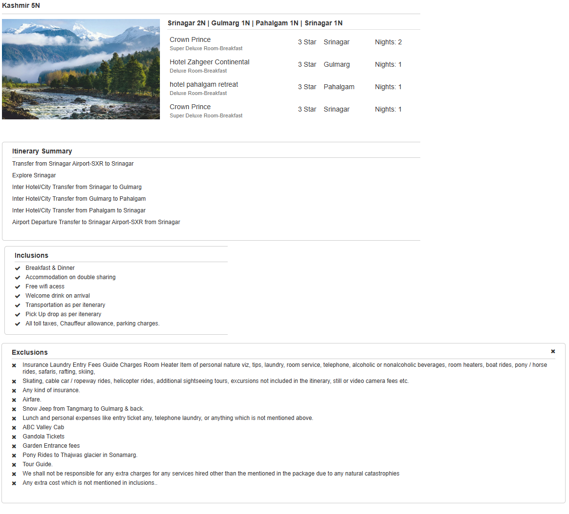 Kashmir 5N6D Kashmir Holiday Package - RideNow Holidays