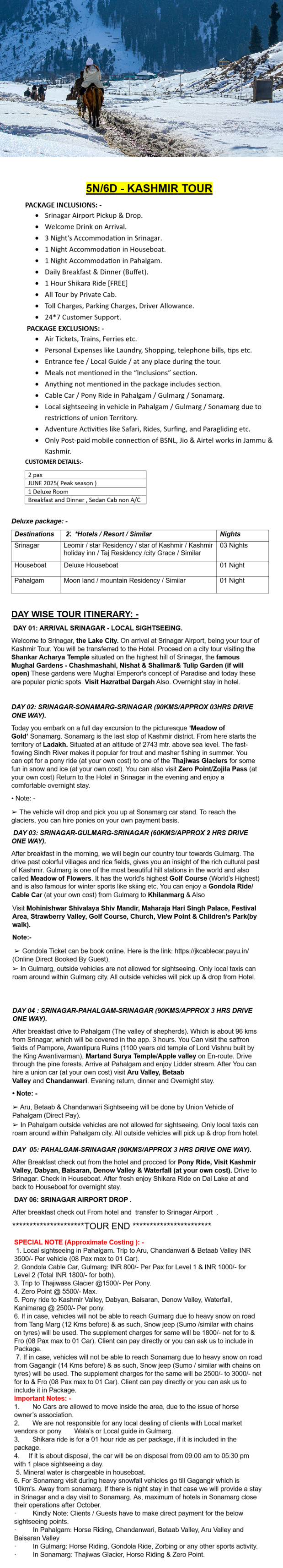Kashmir 5N6D Kashmir Holiday Package - RideNow Holidays