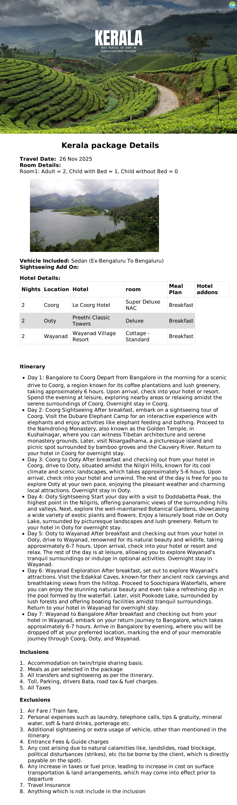 Kerala 7N7D Kerala Holiday Package - RideNow Holidays