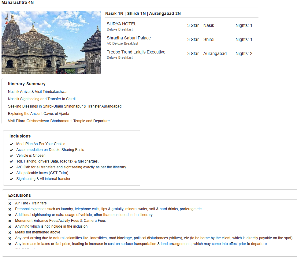 Maharashtra 4 N 5 D(12 yrs) – 4 Nights / 5 Days - RideNow Holidays