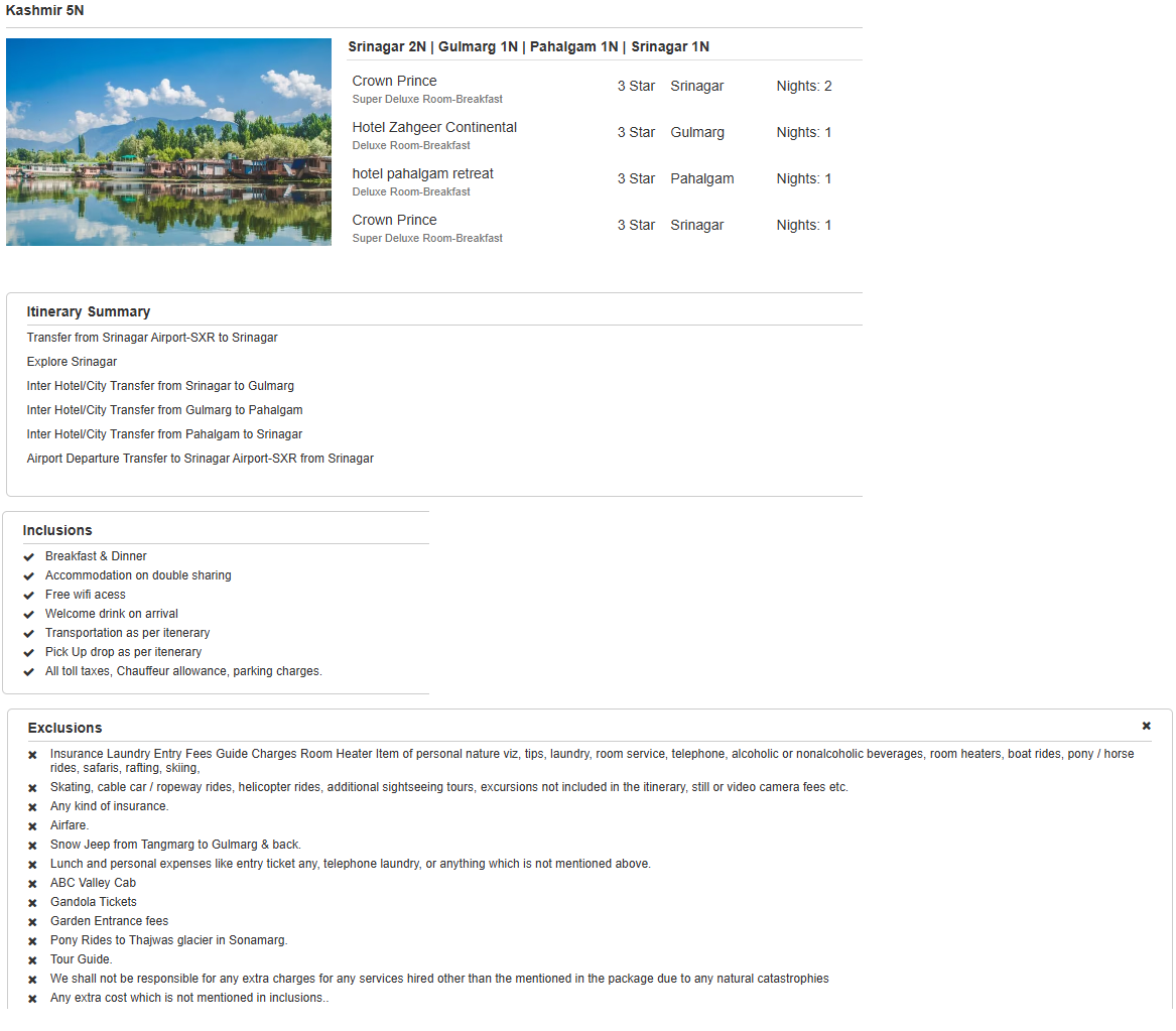 Kashmir 5N6D4 Adults, 2 Kids(4 yr, 6 yr), 2 Rooms, 3 Star Hotel with Transfers Kashmir Holiday Package - RideNow Holidays