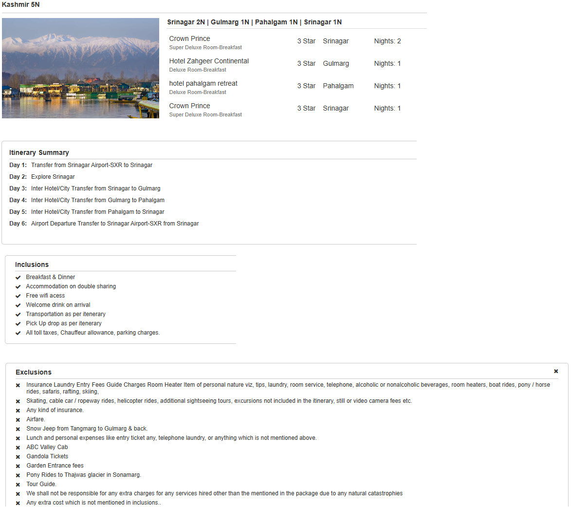 Kashmir 5N6D4 Adults, 2 Rooms with Breakfast, 3 Star Hotel with Transfers Kashmir Holiday Package - RideNow Holidays