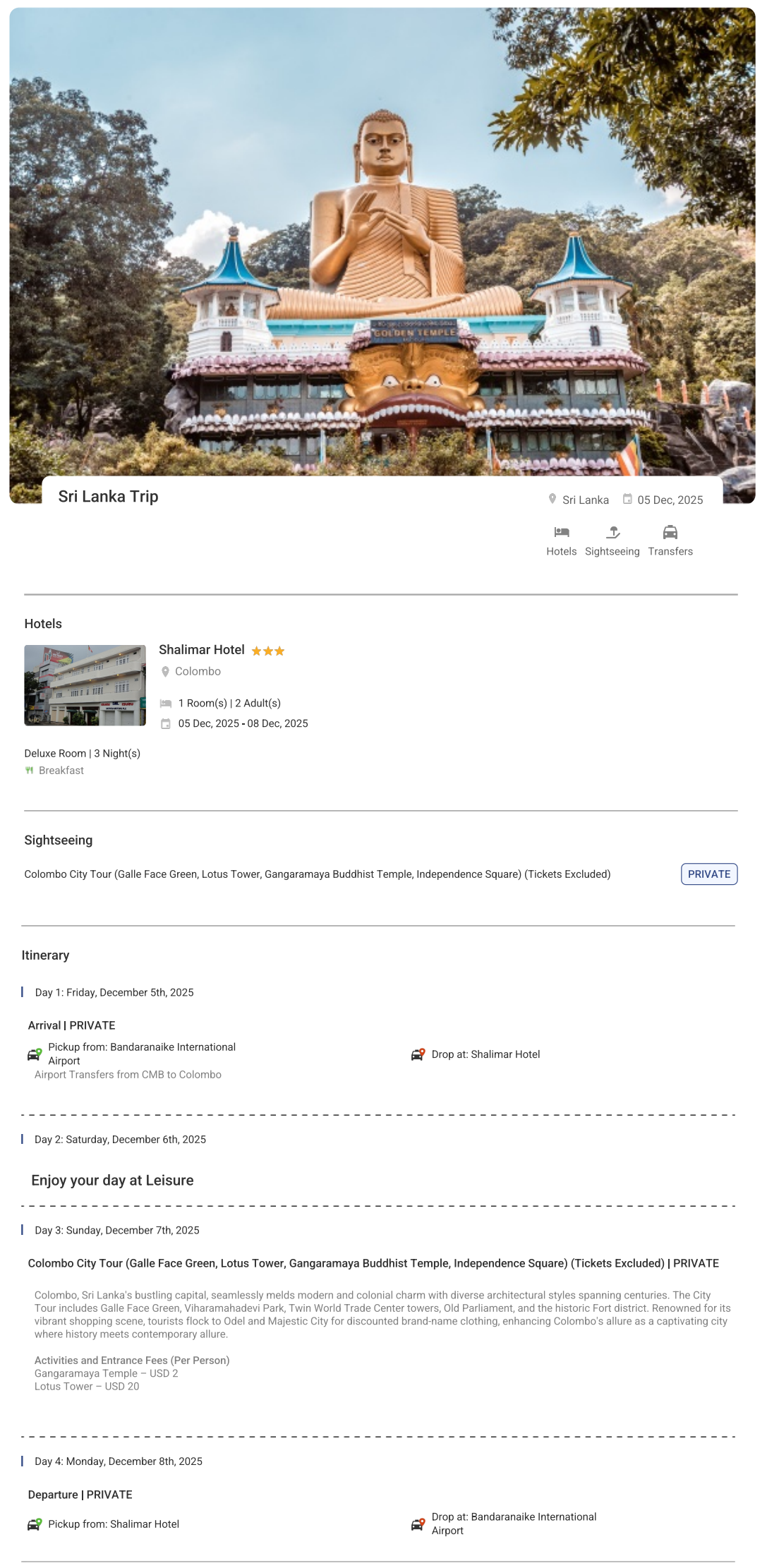 Sri Lanka 3N4D2 Adults, 1 Room with Breakfast, 3 Star Hotel with Transfers Sri Lanka Holiday Package - RideNow Holidays