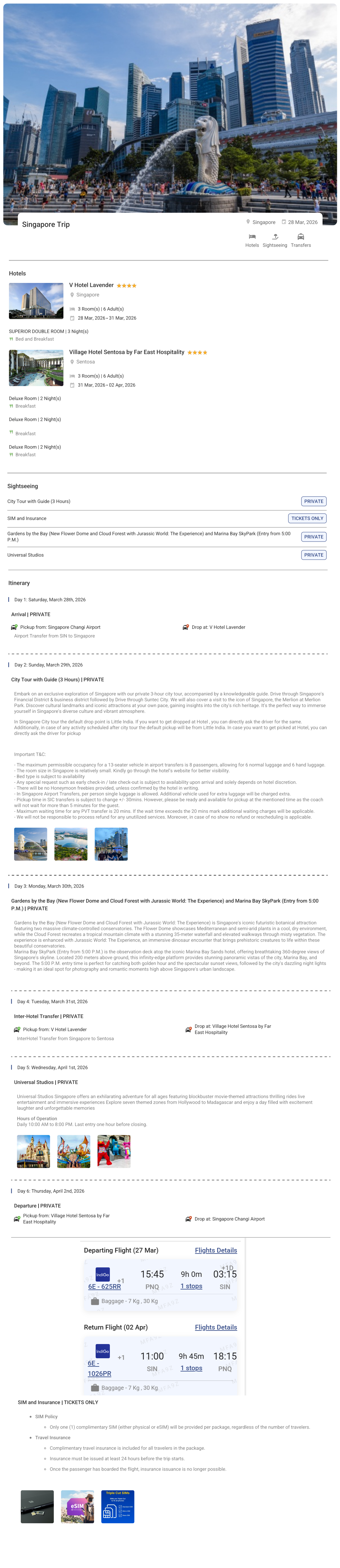 Singapore 5N6D6 Adults, 3 Rooms with Breakfast, 4 Star Hotel with Transfers Flight(6 Adults, Economy Singapore Holiday Package - RideNow Holidays
