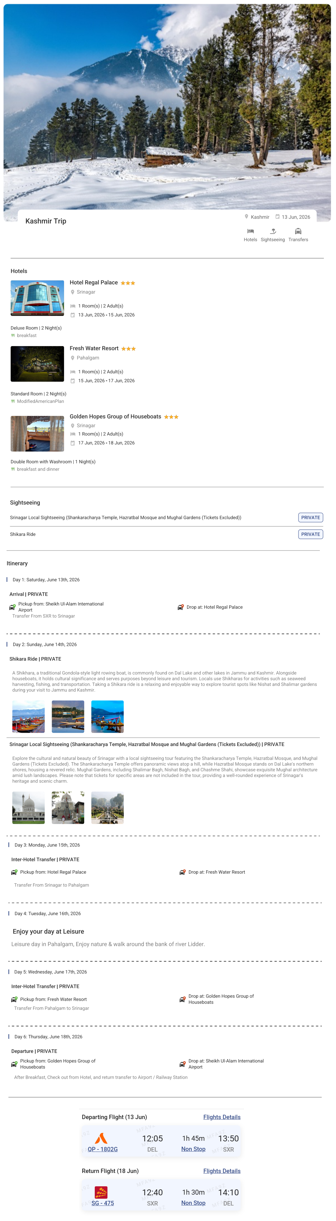 Kashmir 5N6D2 Adults, 1 Room, 3 Star Hotel with Transfers and Round Trip Flights(Economy) Kashmir Holiday Package - RideNow Holidays