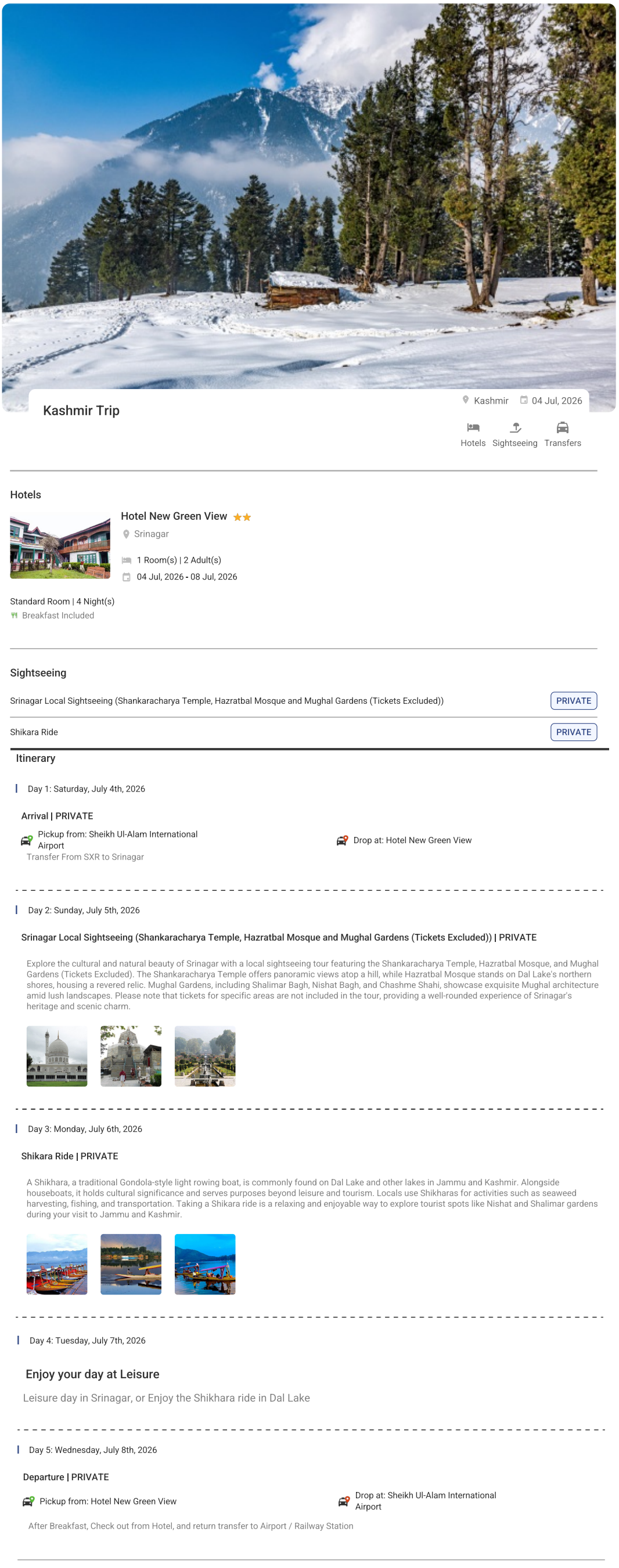 Kashmir 4N5D2 Adults, 1 Room with Breakfast, 2 Star Hotel with Transfers Kashmir Holiday Package - RideNow Holidays