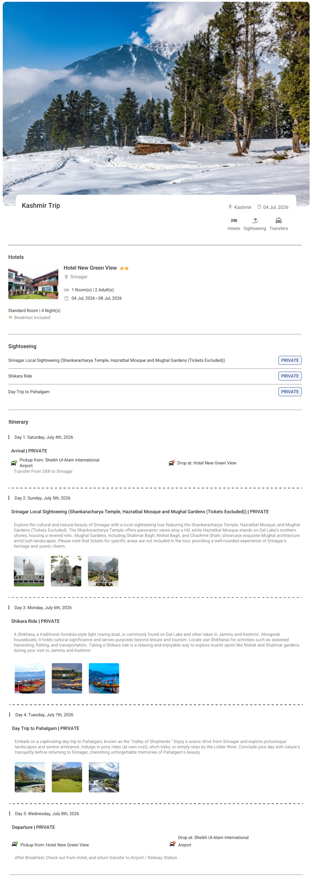 Kashmir 4N5D2 Adults, 1 Room with Breakfast, 2 Star Hotel with Transfers Kashmir Holiday Package - RideNow Holidays
