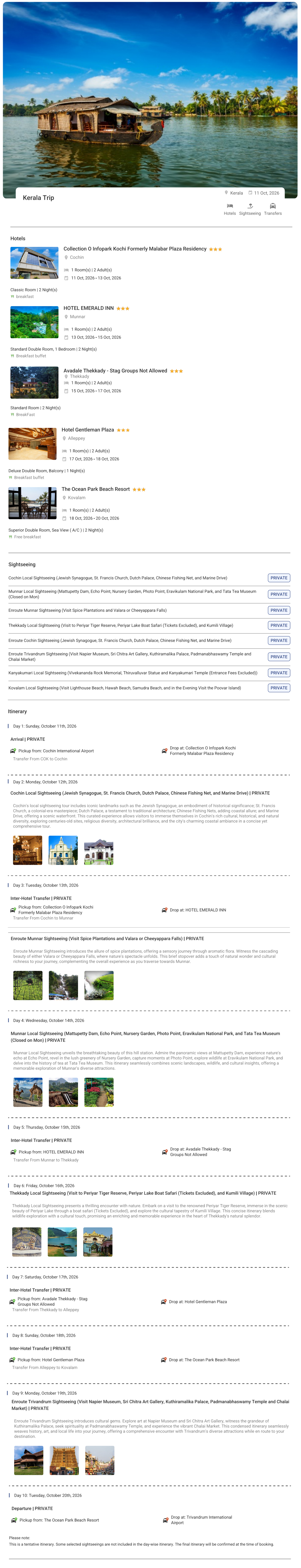 Kerala 9N10D2 Adults, 1 Room with Breakfast, 3 Star Hotel with Transfers Kerala Holiday Package - RideNow Holidays